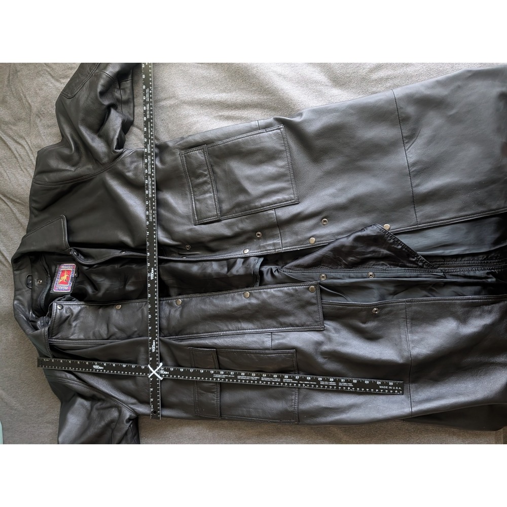 Vintage Pegasus Black Leather Trench Coat Mens Large Long Snap Button Jacket y2k